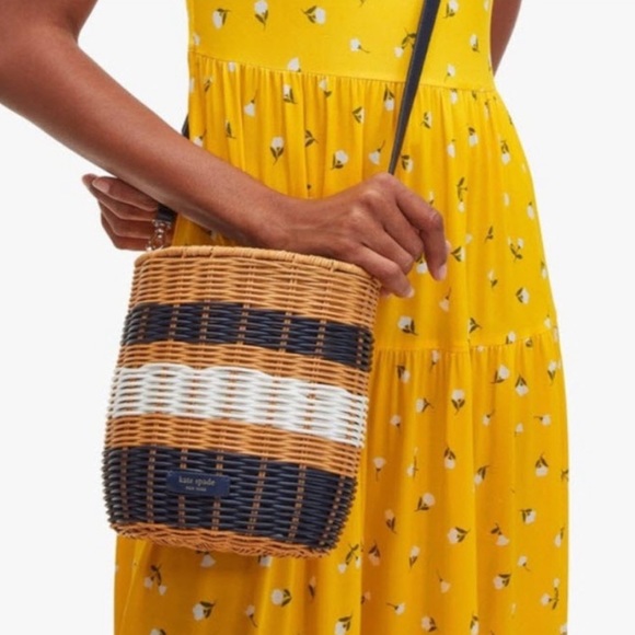 New Kate Spade buoy medium tricolor wicker drawstring bucket bag - Picture 2 of 11
